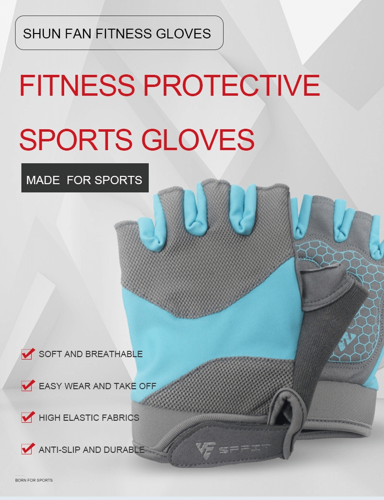 Turquoise and gray non-slip half-finger gloves for fitness, showcasing their soft and breathable design, perfect for yoga and cycling.